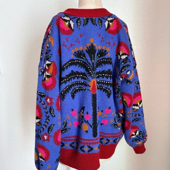 Farm Rio Knit Wool Blend Cardigan Palms Paradise Teal Floral Print Sweater S